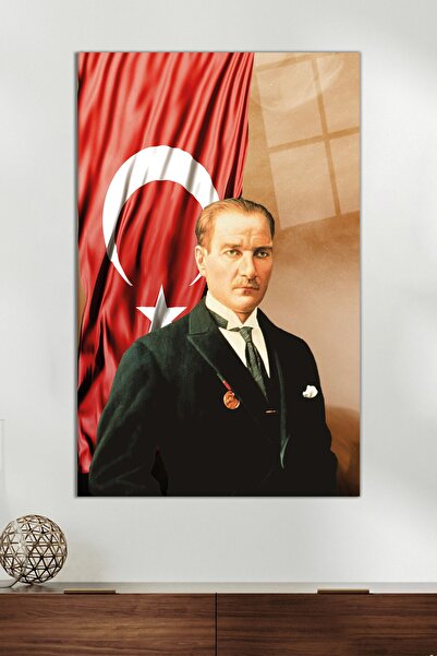 Vosevu Türk Bayraklı Atatürk Cam Tablo, Modern Ev Ofis Dekoru, Hediyelik Duvar Dekorasyonu, Kırılmaz Cam