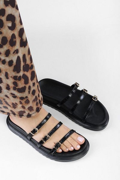 Afilli Sandale sport negre pentru femei - cataramă dublă, curea subțire, talpă groasă cu platformă, papuci de vară la modă