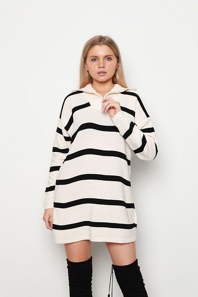 İKLİM LİFE Ecru-Black Striped Corded Trucker Collar Tunic