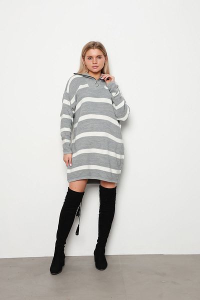 İKLİM LİFE Corded Gray Striped Trucker Collar Tunic