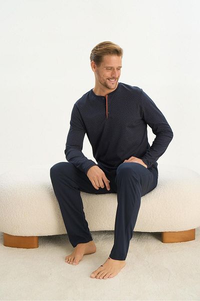 Sevim Navy Blue Men's Pajama Set - Long Sleeve, C6T2N5O9