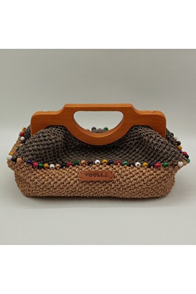 VOULLA Özel tasarım El örgüsü ahşap burslu boncuklu astarsız günlük el çantası