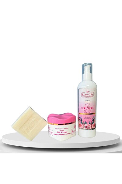 rosecity Yüz Temizleme Sütü + Güllü El ve Yüz Kremi + Eşek Sütü Sabunu Seti -...