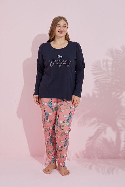 Siyah İnci Navy Blue Multicolored Cotton Curve Large Size Oversize Knitted Pajama Set 24240746