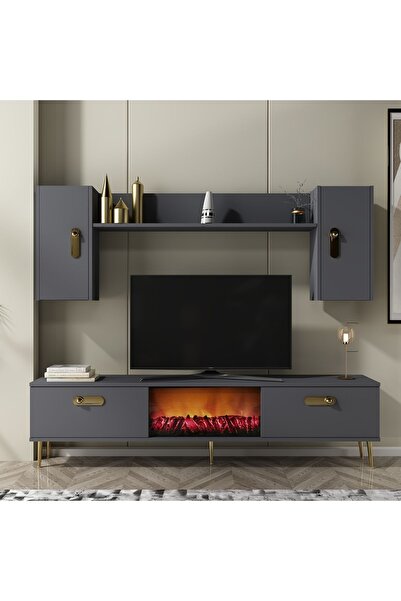 DEMONTE DECOR RİVVA ŞÖMİNELİ TV ÜNİTESİ TAKIMI ANTRASİT-ALTIN
