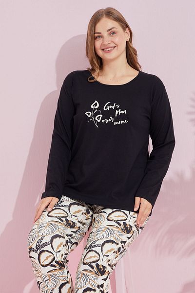 Siyah İnci Plus Size Black Curve Cotton Pajama Set - 24240744