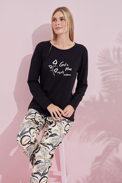 Siyah İnci Black Multicolor Cotton Knitted Pajamas Set 24240183