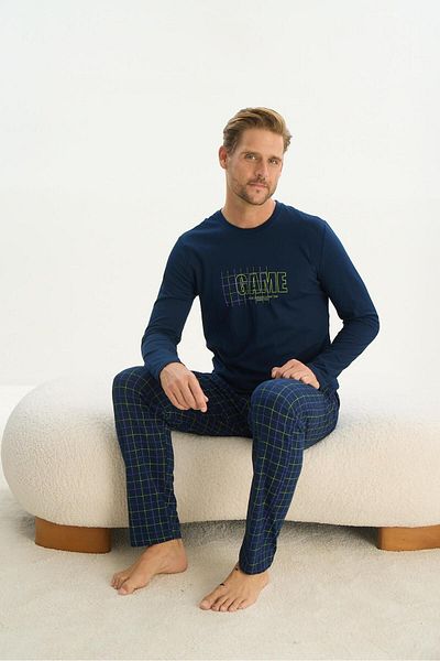 Sevim Navy Blue Men's Pajama Set - Long Sleeve, C6T1N4O9