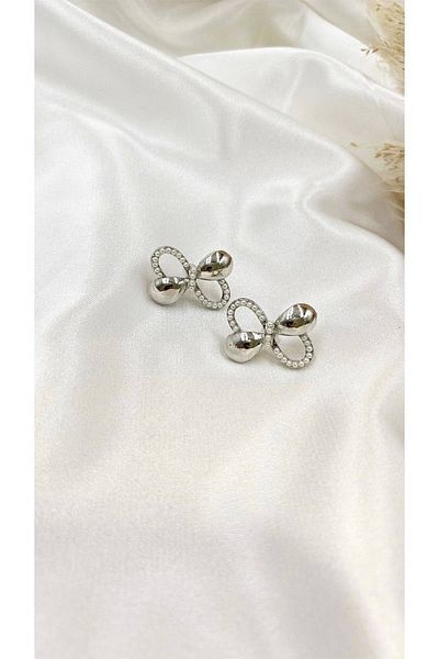 Eylülün Takısı Silver Colored Stone Detailed Women's Bow Earrings