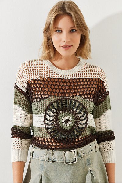 Bianco Lucci Women's Crew Neck Openwork Bead Embroidered Knitwear Sweater 20246165