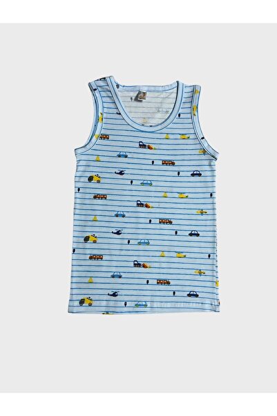 elmas kids Erkek Çocuk Pamuklu Çizgili Araba Desenli Mavi Yeşil Krem 3 lü Atlet