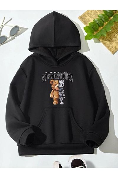 GLOWES Hanorac unisex pentru copii - negru, supradimensionat, cu glugă, imprimeu Adventure Teddy Bear