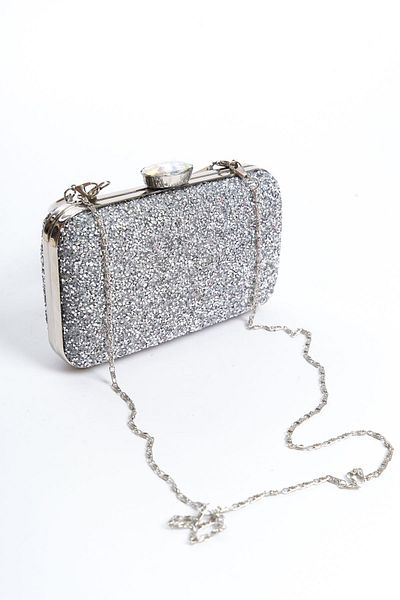 GUİZA Silver Women's Evening Dress Bag with Stone Detail - Double Side Special Lock