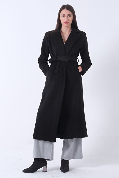 Feminist Fleto Cepli Yırtmaçlı Astarlı Kaşe Kaban Siyah 31050661