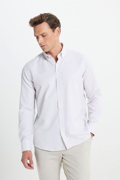 ALTINYILDIZ CLASSICS Ριγέ Slim Fit Λευκό-Μπεζ Πουκάμισο - Βαμβακερό, Γιακάς με κουμπιά