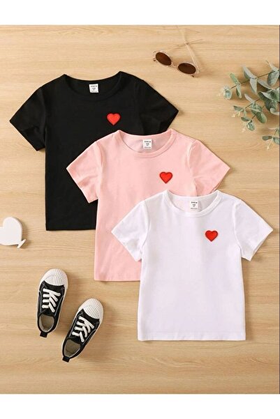 GLOWES Set de 3 tricouri pentru copii cu imprimeu inimă roșie