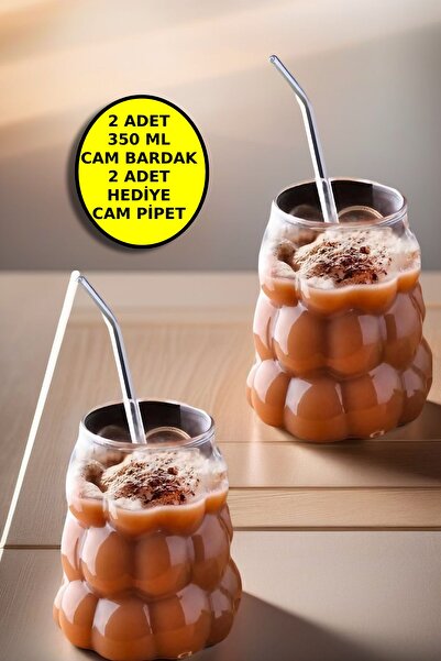 Open Home Concept 2 Adet Üzüm Model Borosilikat Kokteyl ve Soğuk-Sıcak Kahve Bardağı Pipet Hediyeli 350 Ml