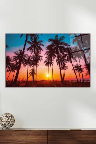 Vosevu Gün Batımında Palmiyeler Cam Tablo, Modern Ev Ofis Dekoru, Hediyelik D...