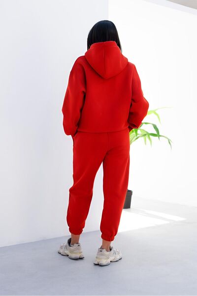 BayBayan Kadın Baskısız 3 İplik Kışlık Kanguru Cep Kapşonlu Esnek Rahat Ribanalı Yeni Sezon Eşofman Takımı