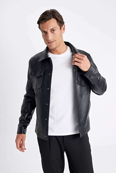 DeFacto DFM - Slim Fit Gömlek Yaka Astarlı Suni Deri Mont