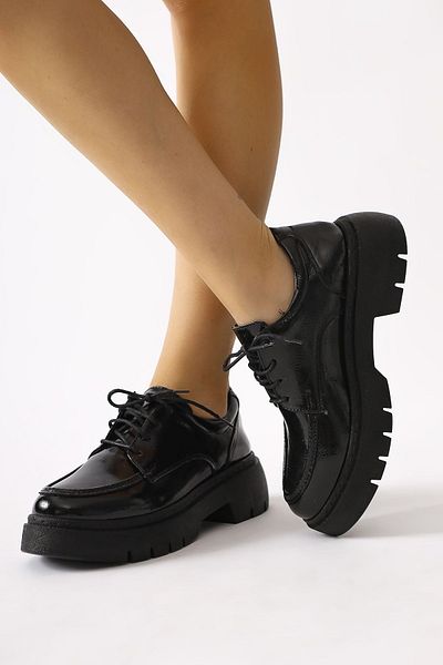 Limoya Callie Black Wrinkled Patent Leather Lace-Up Loafers, Women's Loafer Shoes