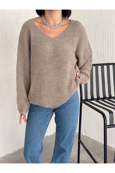 fiolin Pulover de damă tricotat supradimensionat cu decolteu în V Thessaloniki