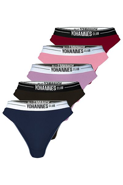 Yohannes Club Σετ 5 γυναικείων εσώρουχων Brazilian με λαστιχένια ζώνη - πούδρα, λιλά, μπορντό, μπλε ναυτικό, μαύρο