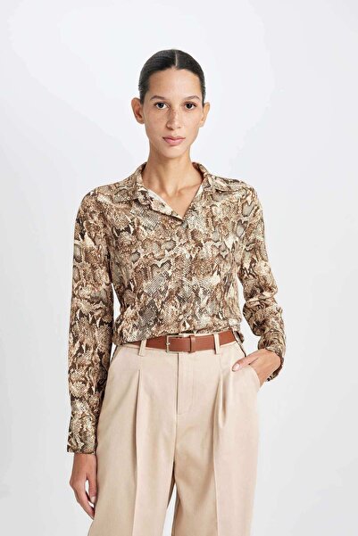 DeFacto DFC - Oversize Fit Yılan Derisi Desenli Maroken Uzun Kollu Gömlek