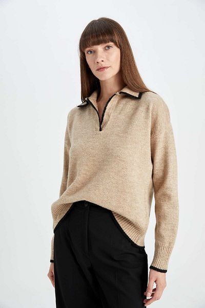 DeFacto Regular Fit Soft Textured Polo Collar Knitwear Sweater A3868Ax24Wn
