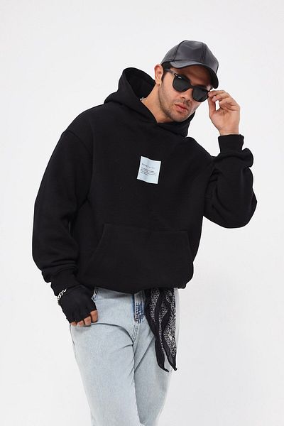 The Champ Clothing Полар с качулка отвътре Syzygy Text Printed Black Oversize суичър с качулка