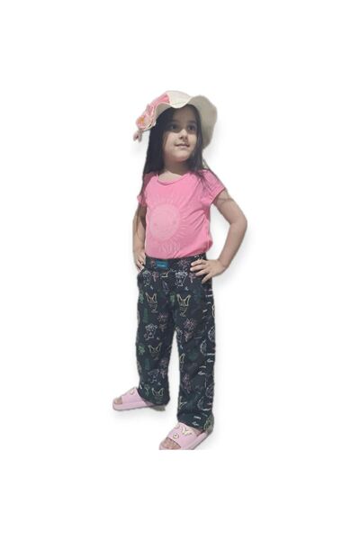 Butik Girl's Black Background Floral Print Side Pocket Pajamas