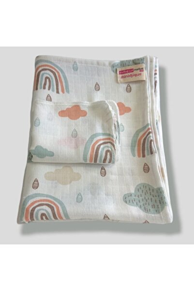 Mutlu Gün Marketi Muslin Baby Blanket - 100X80Cm Cover, 4 Wipes 25X25Cm Rainbow Figured