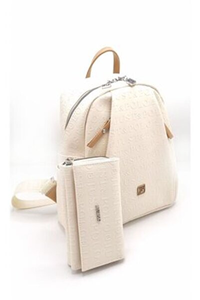 NOVAFACE Std Women's Cream Embossed Printed Backpack and Wallet Combination C...
