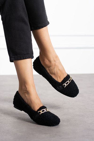 FEMME FATALE Angelina Teddy Plush Chain Buckle Daily Flat Shoes