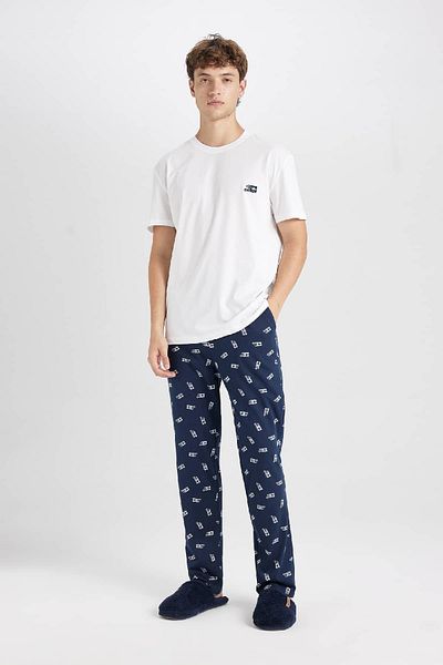 DeFacto Crew Neck Printed Pajamas Set - Short Sleeve, Top Pattern, Elastic Waist D0939Ax24Au