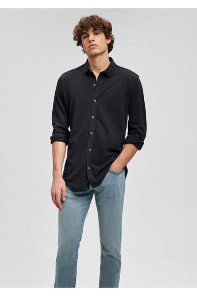 Mavi Erkek Örme Uzun Kol Gömlek