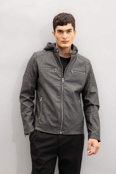 DeFacto Anthracite Water Repellent Slim Fit Slim Fit Detachable Hooded Zipper Pocket Faux Leather Coat