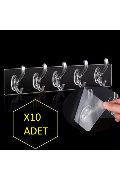 GLANZEND 10 Adet Kendinden Yapışkanlı Güçlü Şeffaf 5li Askılık - Kapı Arkası Mutfak Duvar Banyo