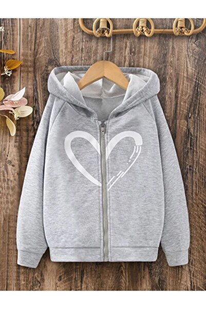 SeusCraft Γκρι εμπριμέ Big Heart Cotton Παιδική Ζακέτα - Χειμώνας με κουκούλα