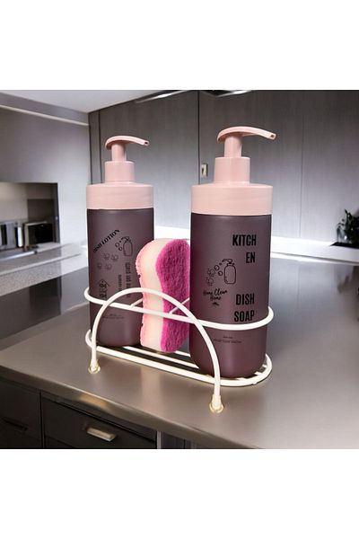 KITCHBATH مجموعة موزع الصابون السائل للمطبخ مع حامل، موزع منظف الأطباق السائل على سطح الطاولة، موزع الصابون الزجاجي باللون الأرجواني والوردي