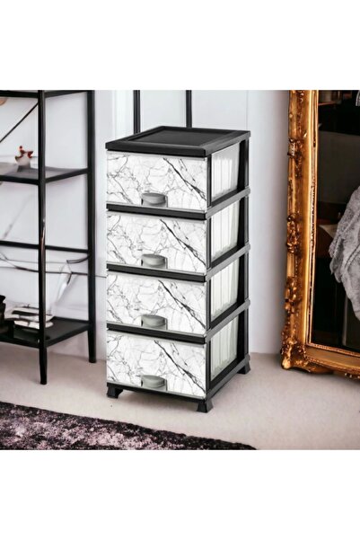 Elif 4 Çekmeceli Plastik Komodin Beyaz Mermer Desen Plastik Komidin Mutfak Dolabı