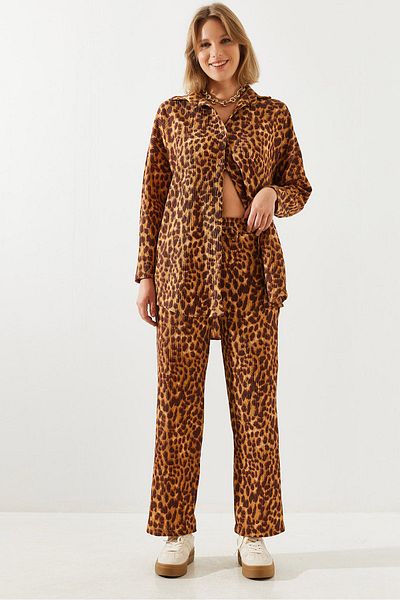 Bianco Lucci Women's Leopard Patterned Wrapped Fabric Bottom and Top Set 60251813