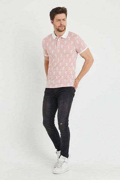 Polo State Ροζ ανδρικό μπλουζάκι Polo Neck Slim Fit - Ζακάρ μοτίβο