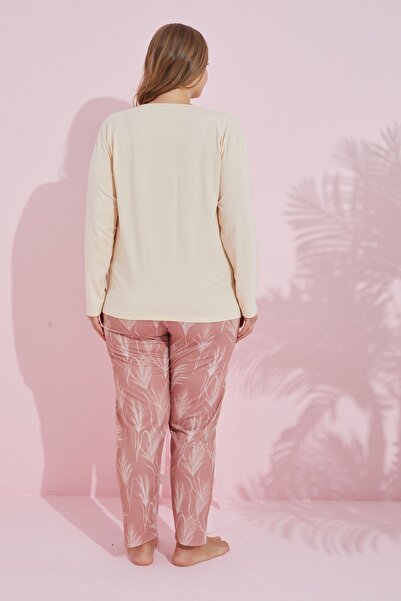 Siyah İnci Cream Multi-Colored Cotton Curve Large Size Oversize Knitted Pajamas Set 24240750