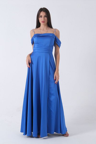 Feminist Blue Satin Evening Dress - Stone Strap, Low Sleeve 0806118