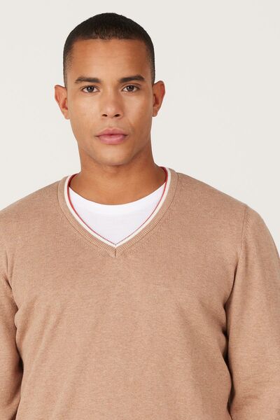 ALTINYILDIZ CLASSICS Pánský svetr Vizon-Ekru Standard Fit s výstřihem do V s výstřihem do V, 100% bavlna