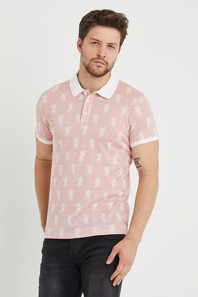 Polo State Ροζ ανδρικό μπλουζάκι Polo Neck Slim Fit - Ζακάρ μοτίβο