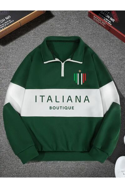 Altamira Unisex Yeşil Boutique Baskılı Oversize Parçalı Polo Yaka Fermuarlı S...