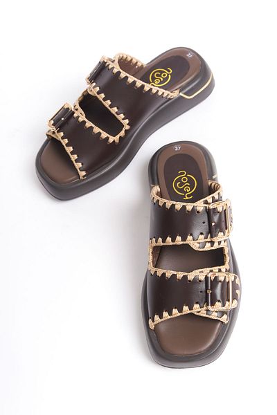 NOSEY SHOES Model Sofia, piele naturală, maro, talpă groasă, tricotat, cu cataramă, papuci de zi cu zi pentru femei