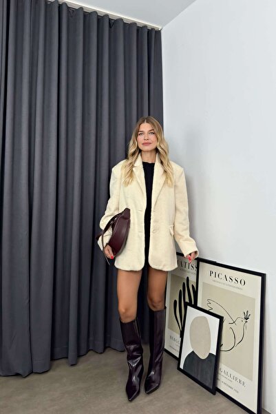 Sue Store Fur Texture Plush Jacket - Ecru Lined and Buttoned